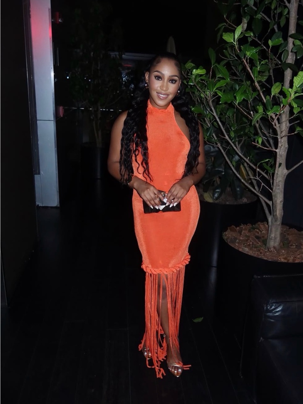 Sleeveless Orange Fringe Midi Dress